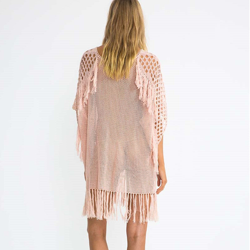 Gestricktes Quasten-Strandkleid, sexy gestricktes Urlaubs-Sonnenschutz-Shirt, Strand-Bikini-Badeanzug-Bluse