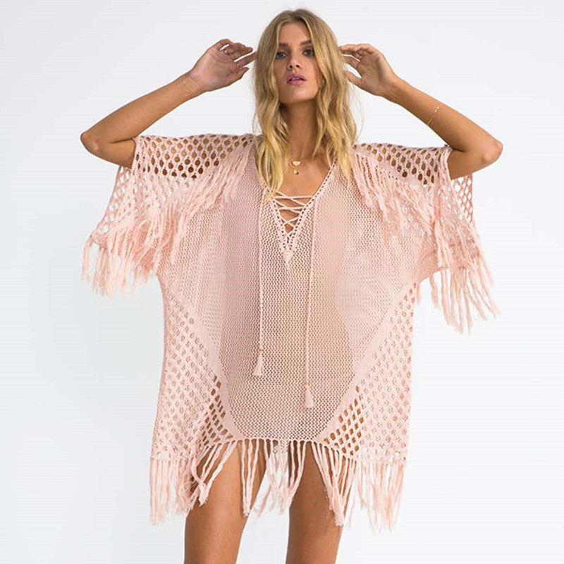 Gestricktes Quasten-Strandkleid, sexy gestricktes Urlaubs-Sonnenschutz-Shirt, Strand-Bikini-Badeanzug-Bluse