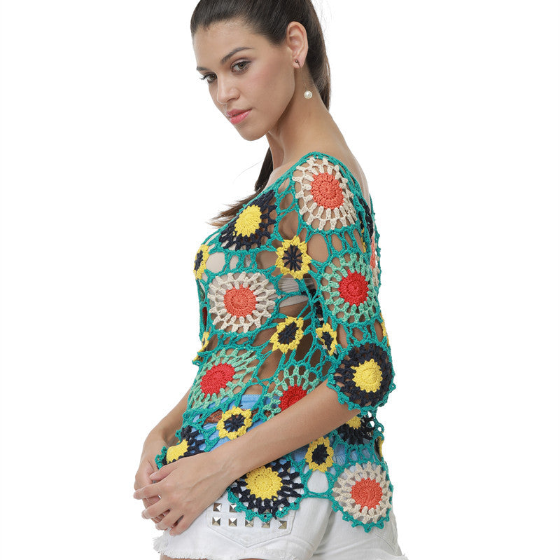 Handgemachte Häkelbluse mit Blumenmuster, Hohlsaum und Ärmeln, für den Strand