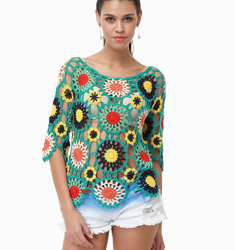 Handgemachte Häkelbluse mit Blumenmuster, Hohlsaum und Ärmeln, für den Strand