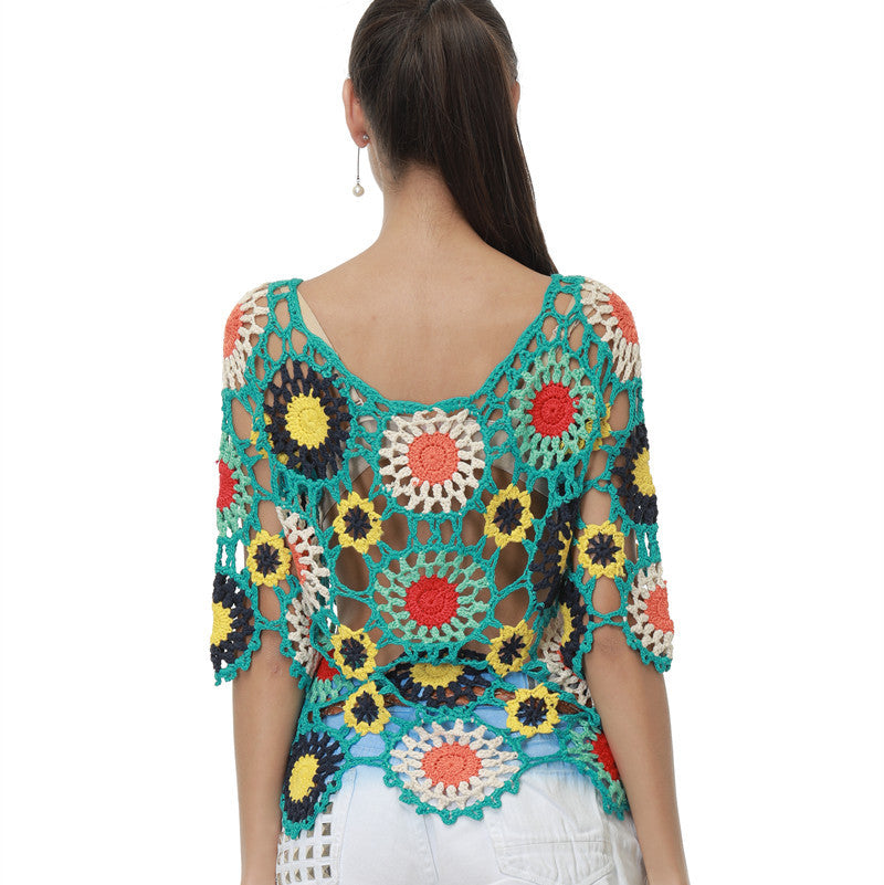 Handgemachte Häkelbluse mit Blumenmuster, Hohlsaum und Ärmeln, für den Strand