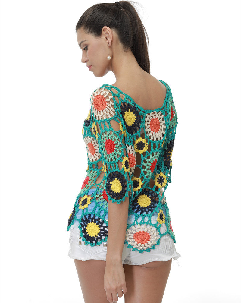 Handgemachte Häkelbluse mit Blumenmuster, Hohlsaum und Ärmeln, für den Strand