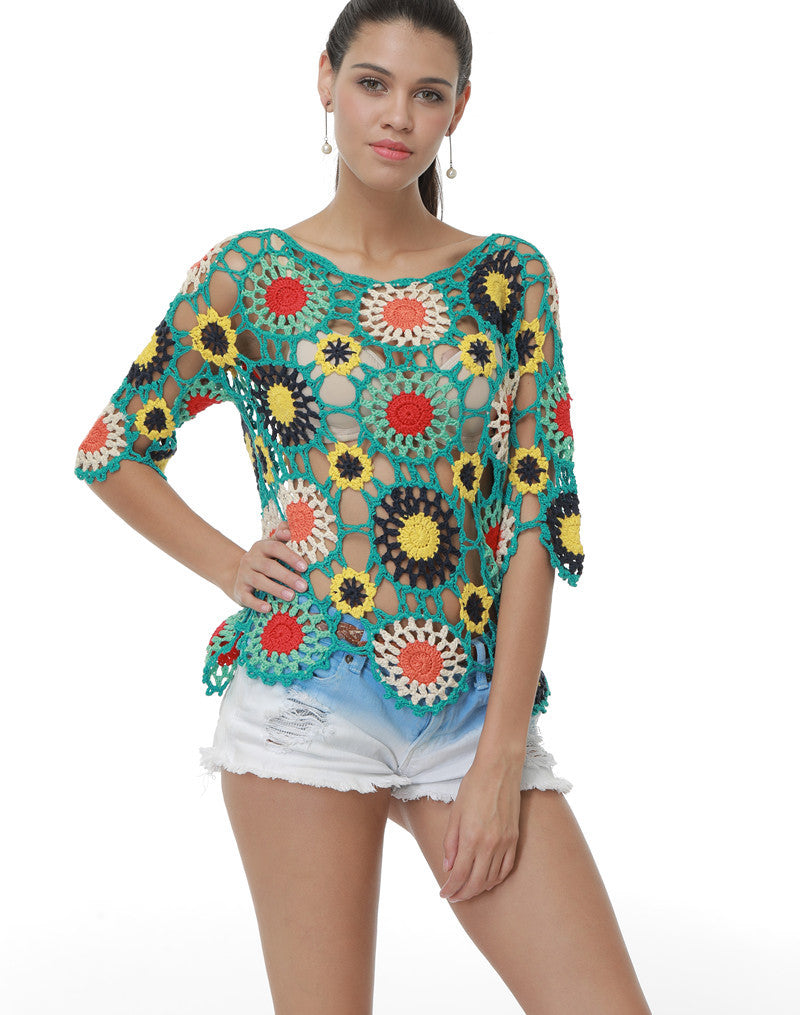 Handgemachte Häkelbluse mit Blumenmuster, Hohlsaum und Ärmeln, für den Strand