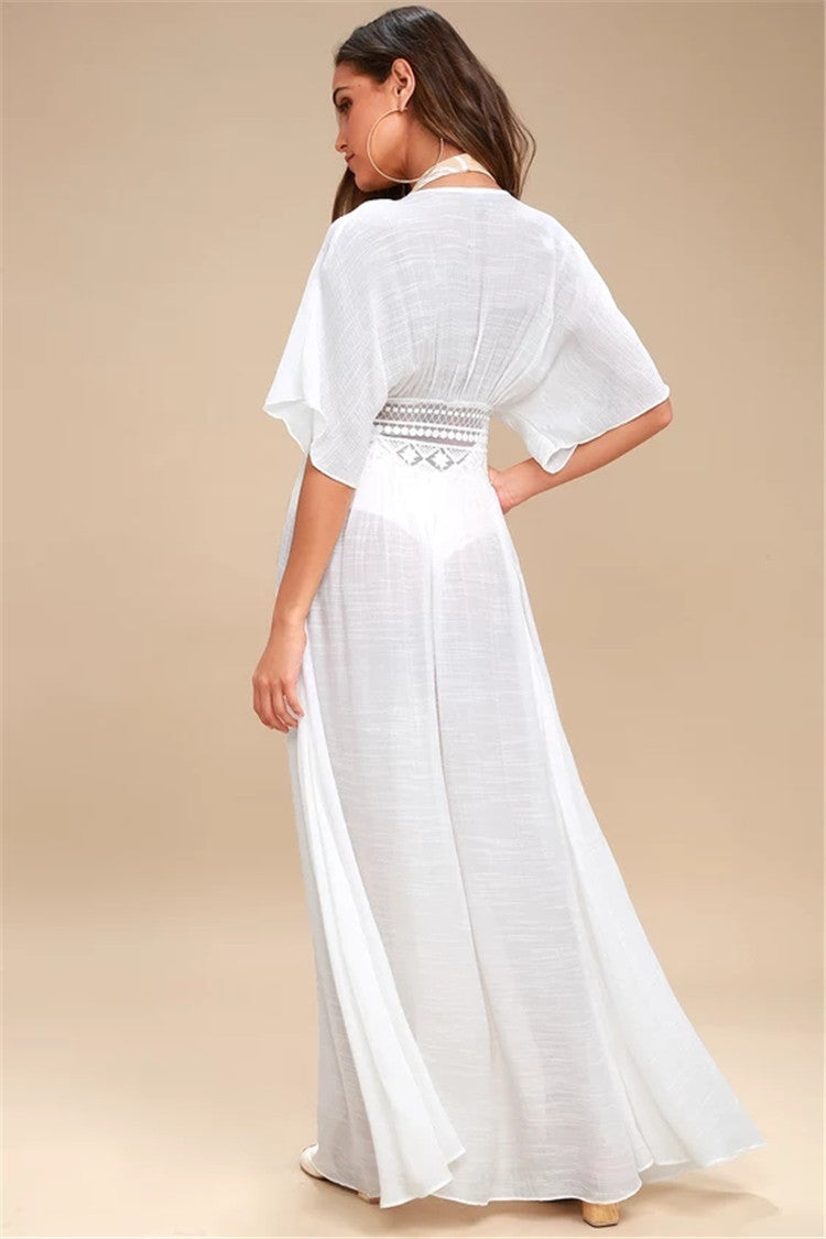 Haut de plage en dentelle à coutures en tissu flammé, cardigan sexy, chemise de protection solaire pour les vacances, cache-maillot