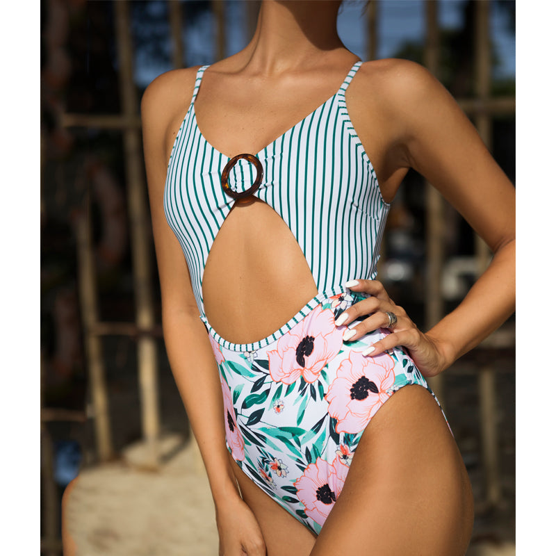 Peachtan Ring Monokini Patchwork Print Bademode Damen Cut-Out One Piece Badeanzug Damen Bandeau Badeanzug Sport Bodysuit
