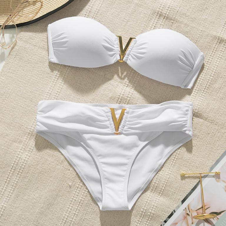 Weißer Push-up-Damen-Badeanzug, sexy Bikini-Set für den Sommerstrand, einfarbiger Badeanzug für Damen, Bandeau-Badeanzug