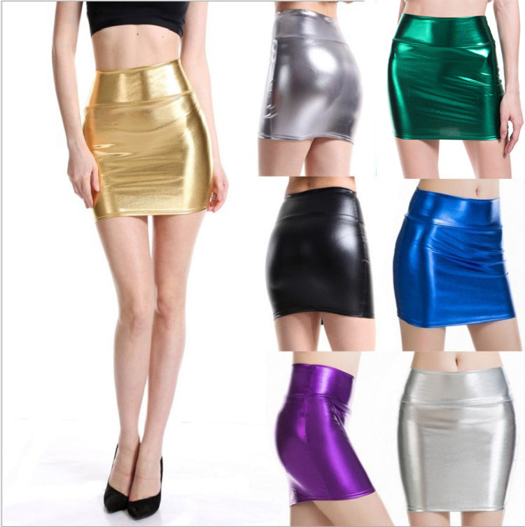 Mini-jupe moulante en similicuir, avec imprimé brillant, pour femmes, jupe courte une pièce.