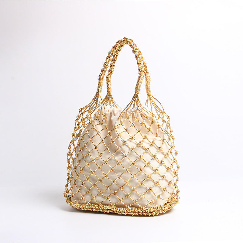 Gold Silber Farbe Aushöhlen Ausgeschnitten Tragbare Stroh Gewebte Tasche Hand Tragetasche Gewebte Tasche Urlaub Strandtasche Damen Tasche