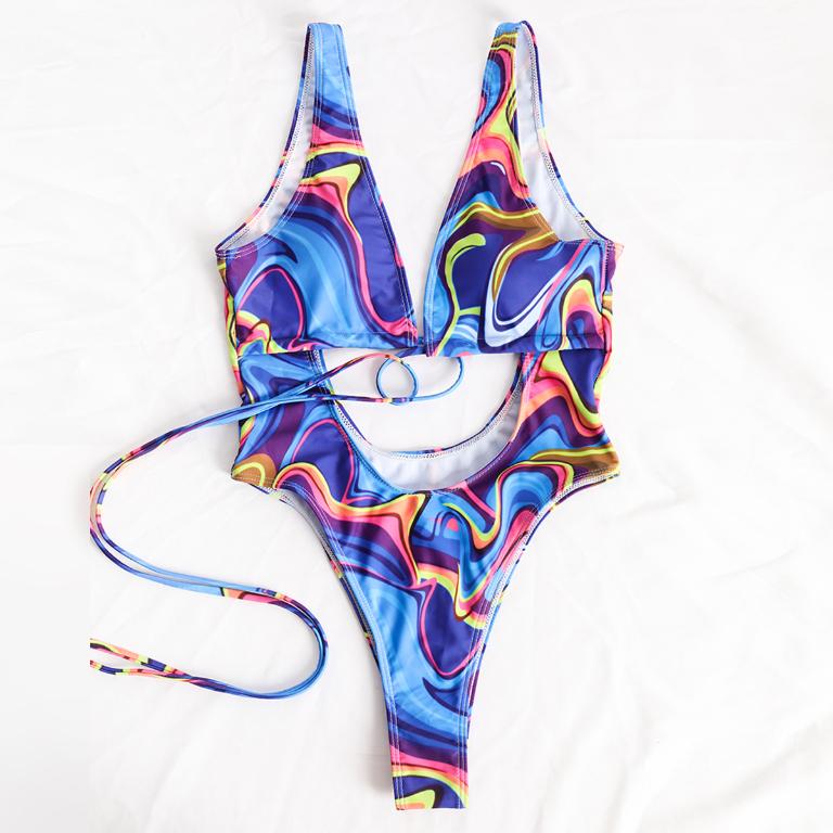 Maillot de bain une pièce ajouré avec découpes pour femme, maillot de bain taille haute imprimé