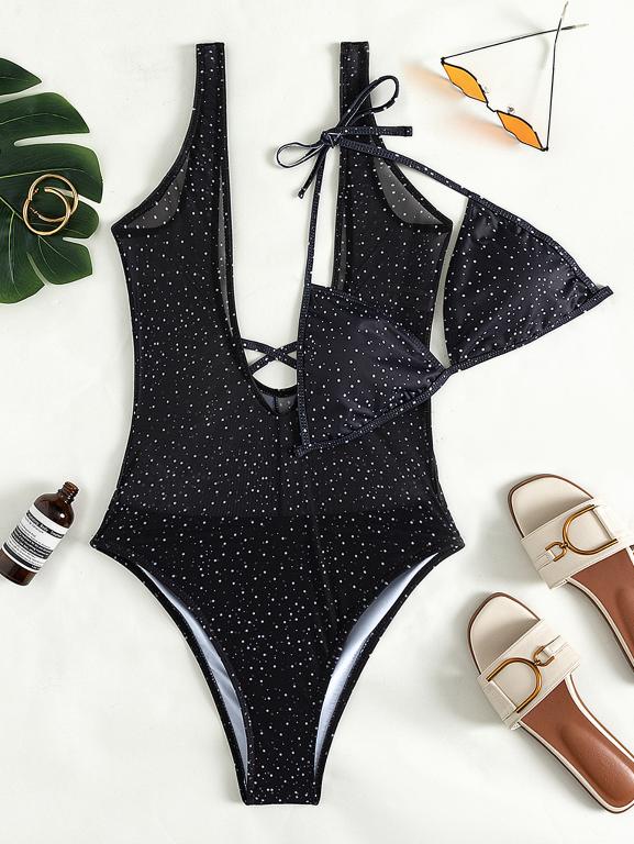Maillot de bain une pièce à pois pour femme Col en V Maillot de bain sexy échancré