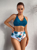 Maillot de bain entrecroisé sexy imprimé de couleur unie taille haute maillot de bain fendu bikini