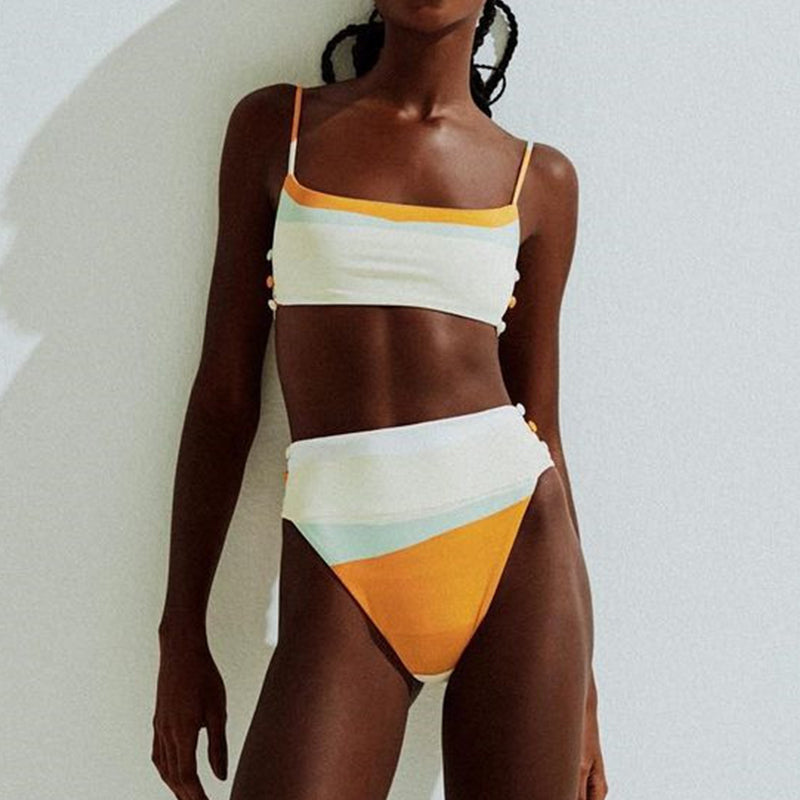 Sexy Knöpfe Bandeau Bikini Set Patchwork Print Badeanzug Damen Badeanzug High Waist Bademode Sport Badeanzug Schwimmen