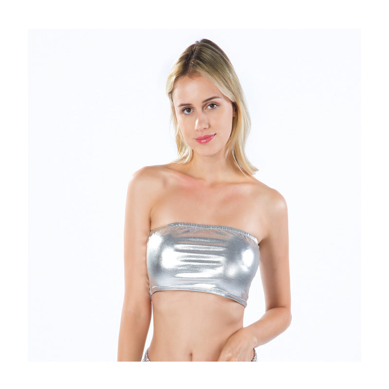 Damenkleidung Nachtclub Bühnenkleidung Brustwickelndes Lackleder Einfarbiges Tube-Top Unterziehshirt Performance-Kleidung