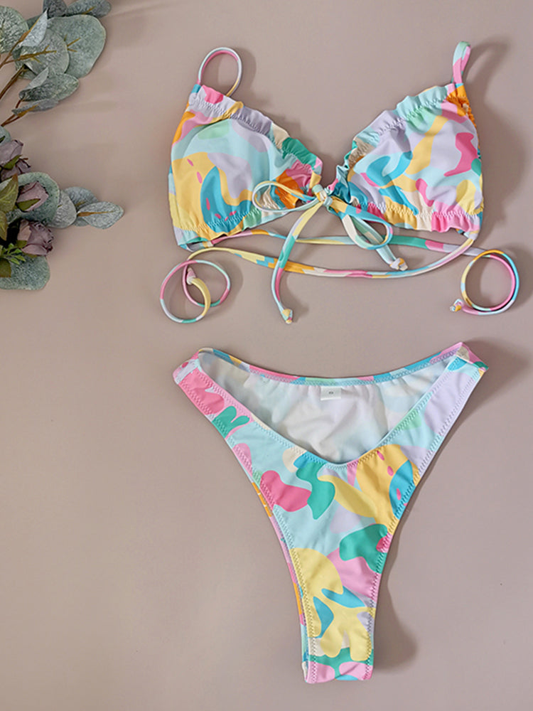 Ensemble sexy à volants maillot de bain échancré pour femme, imprimé, couleurs vives, bikini