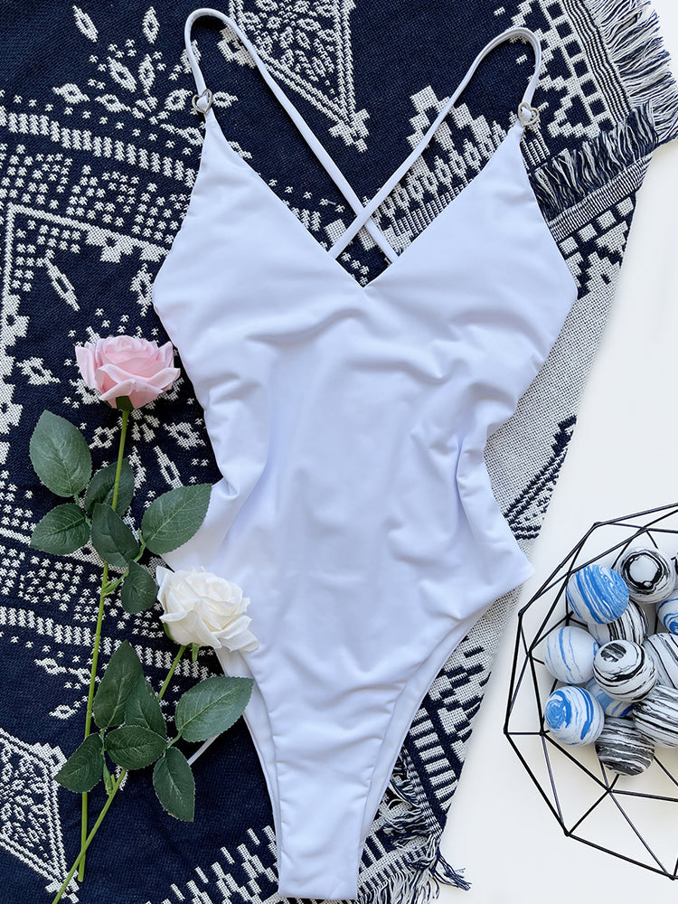 Maillot de bain une pièce blanc, col en V, coupe haute, sexy pour femme