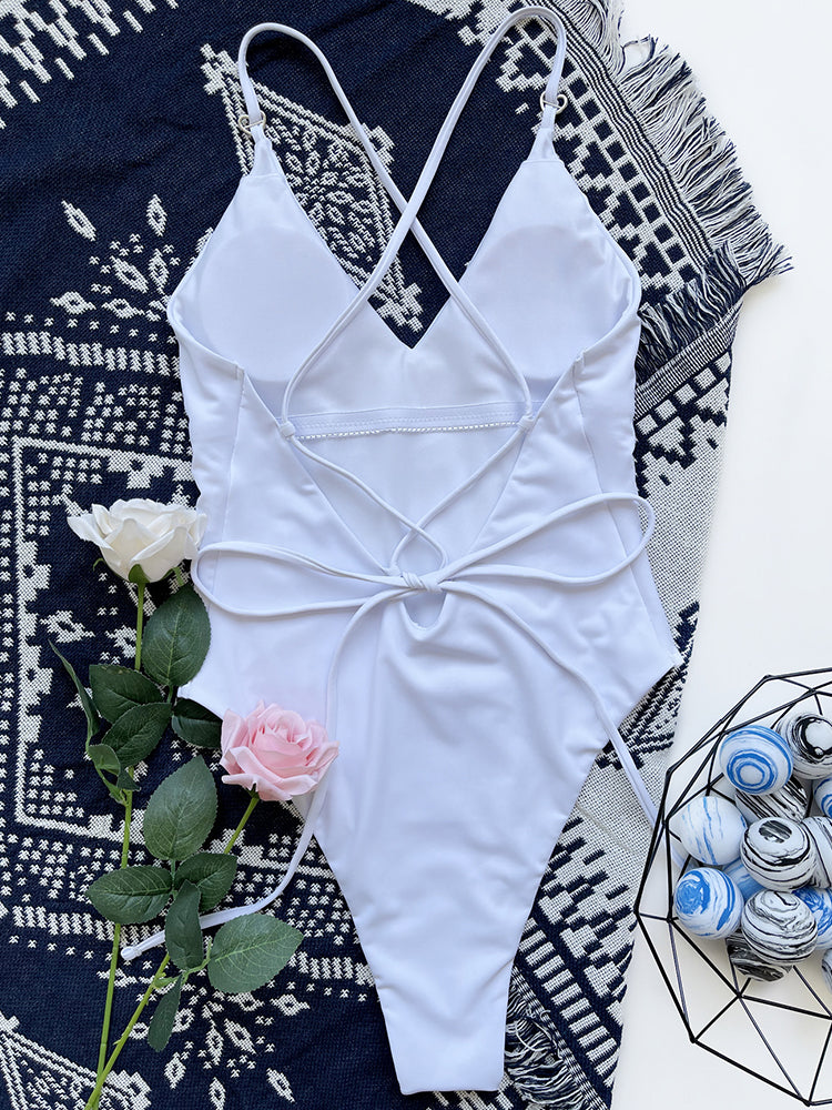 Maillot de bain une pièce blanc, col en V, coupe haute, sexy pour femme