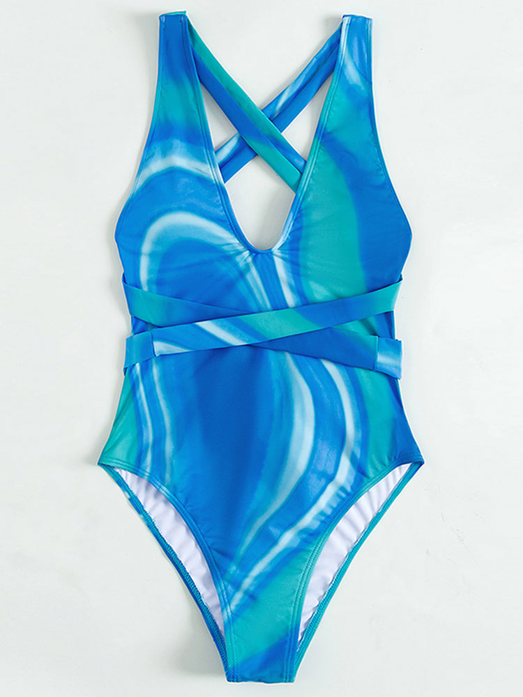 Maillot de bain une pièce imprimé bandage pour femme, col en V, coupe haute