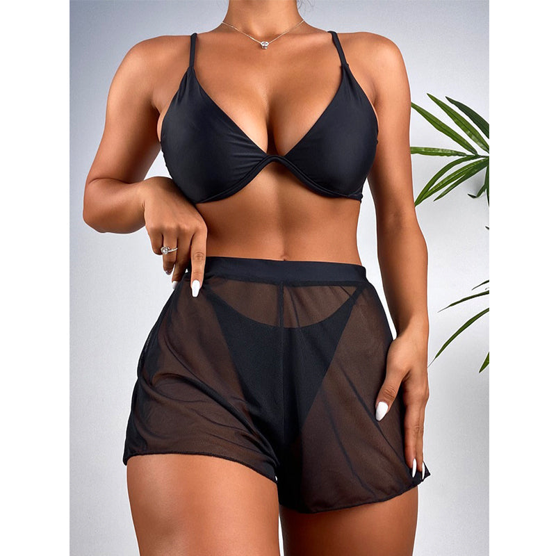 Push-up Bikini Set Sexy Einfarbiger Badeanzug Damen Mesh-Hose Bademode