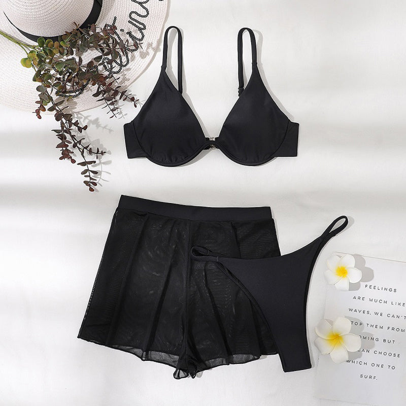 Push-up Bikini Set Sexy Einfarbiger Badeanzug Damen Mesh-Hose Bademode