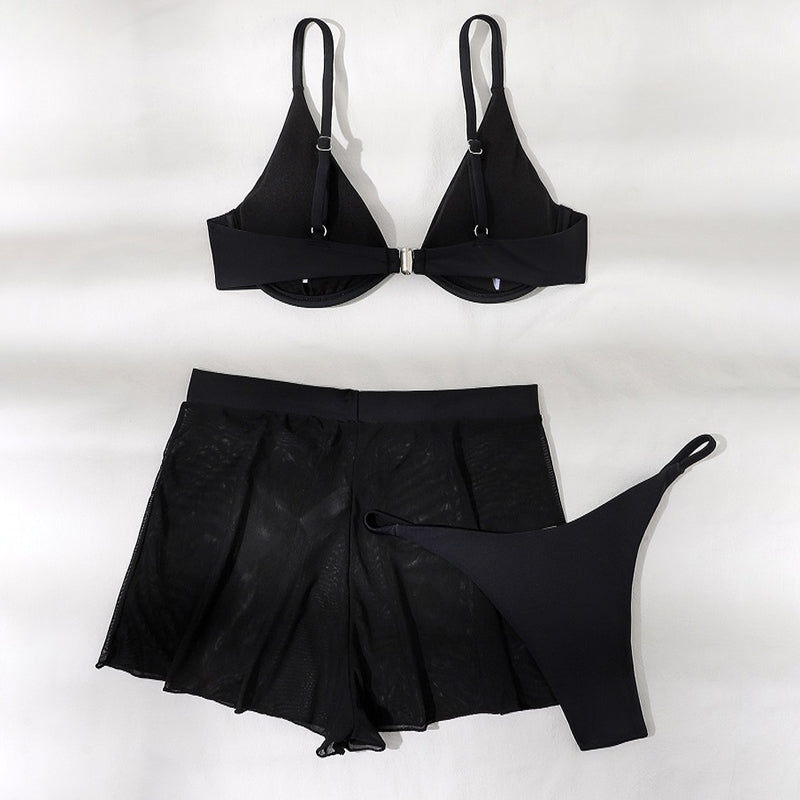 Push-up Bikini Set Sexy Einfarbiger Badeanzug Damen Mesh-Hose Bademode