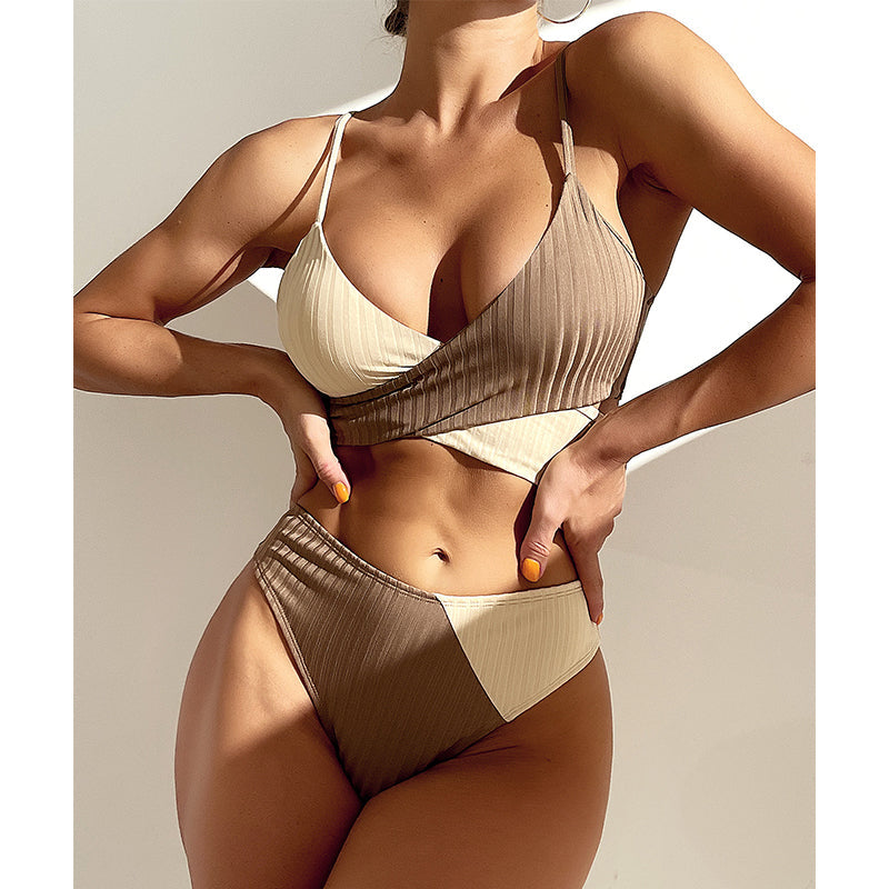 Patchwork Bikini Set Bandeau Badeanzug Damen Sport Bademode Schwimmanzüge