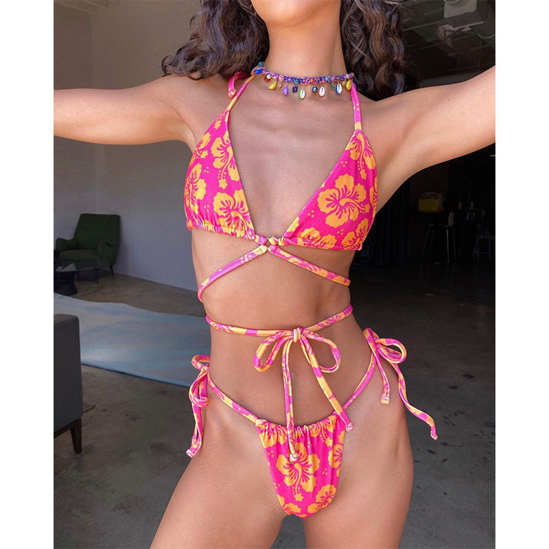 String Halter Maillot de Bain Femme Triangle Micro Bikinis Femme Imprimé Floral Maillot de Bain Femme Sexy Maillot de Bain Lacets Biquini