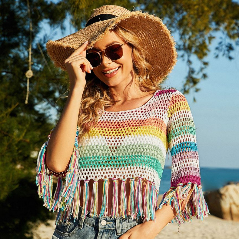 Crochet Printemps Été Femme Tricoté Main Crocheter Chemisier Couture Évidé Découpé Couleurs Mixtes Bikini Chemise de Plage au Crochet
