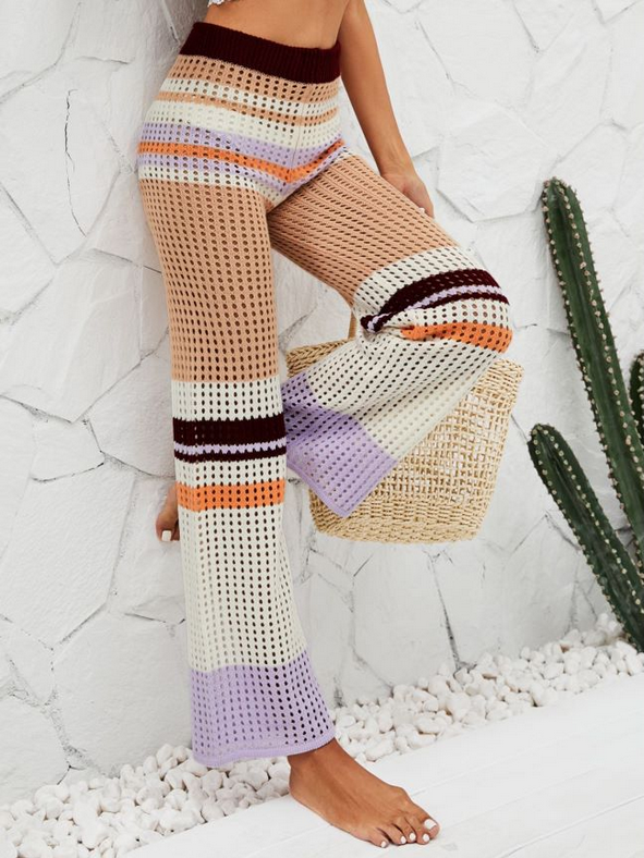 Gehäkelte Frühling Sommer Mode Elastische Taille Gestrickte Mitteltaillenhose Farbige Naht Gerade Freizeithose Häkeln