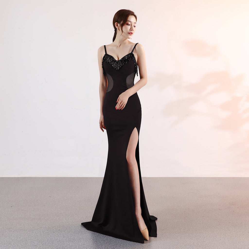 Abendkleid mit tiefem V-Ausschnitt, lang, sexy, schmal geschnitten, mit Schlitz, für Nachtclub-Auftritte und gesellschaftliche Anlässe