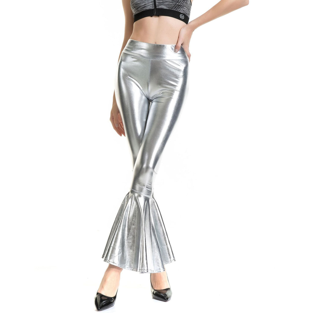 Pantalon Femme à Taille Haute et Élastique, Tissu Métallisé, Effet Dégradé, Coupe Patte d'Éléphant, Vêtement Tendance