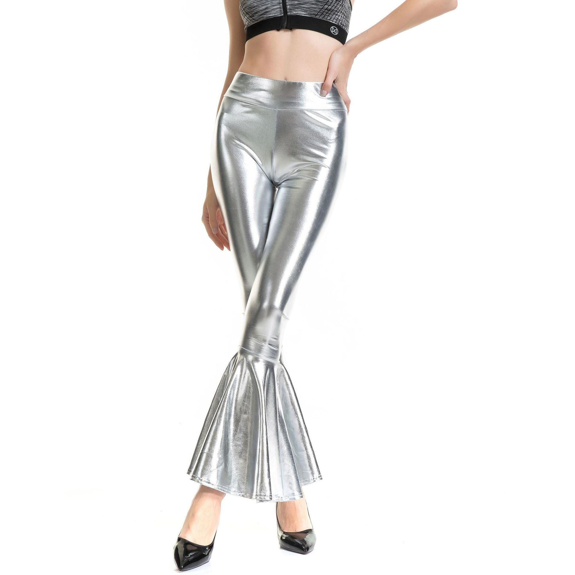 Pantalon Femme à Taille Haute et Élastique, Tissu Métallisé, Effet Dégradé, Coupe Patte d'Éléphant, Vêtement Tendance