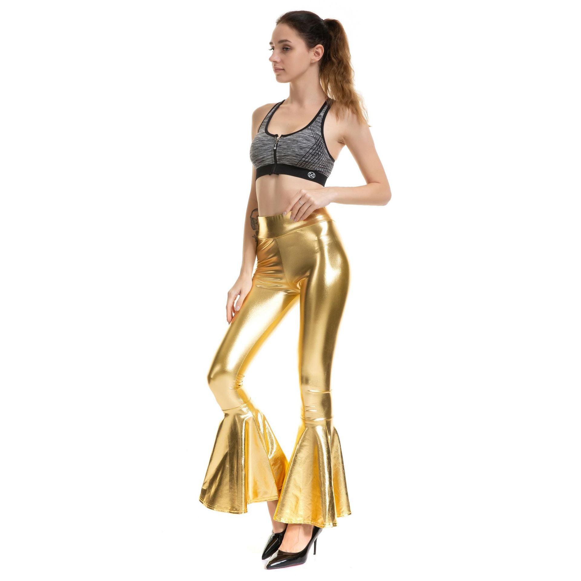 Metallic beschichteter Stoff Damen Kleidung Hohe Taille Mode Elastische Taille Farbverlauf Schlaghose