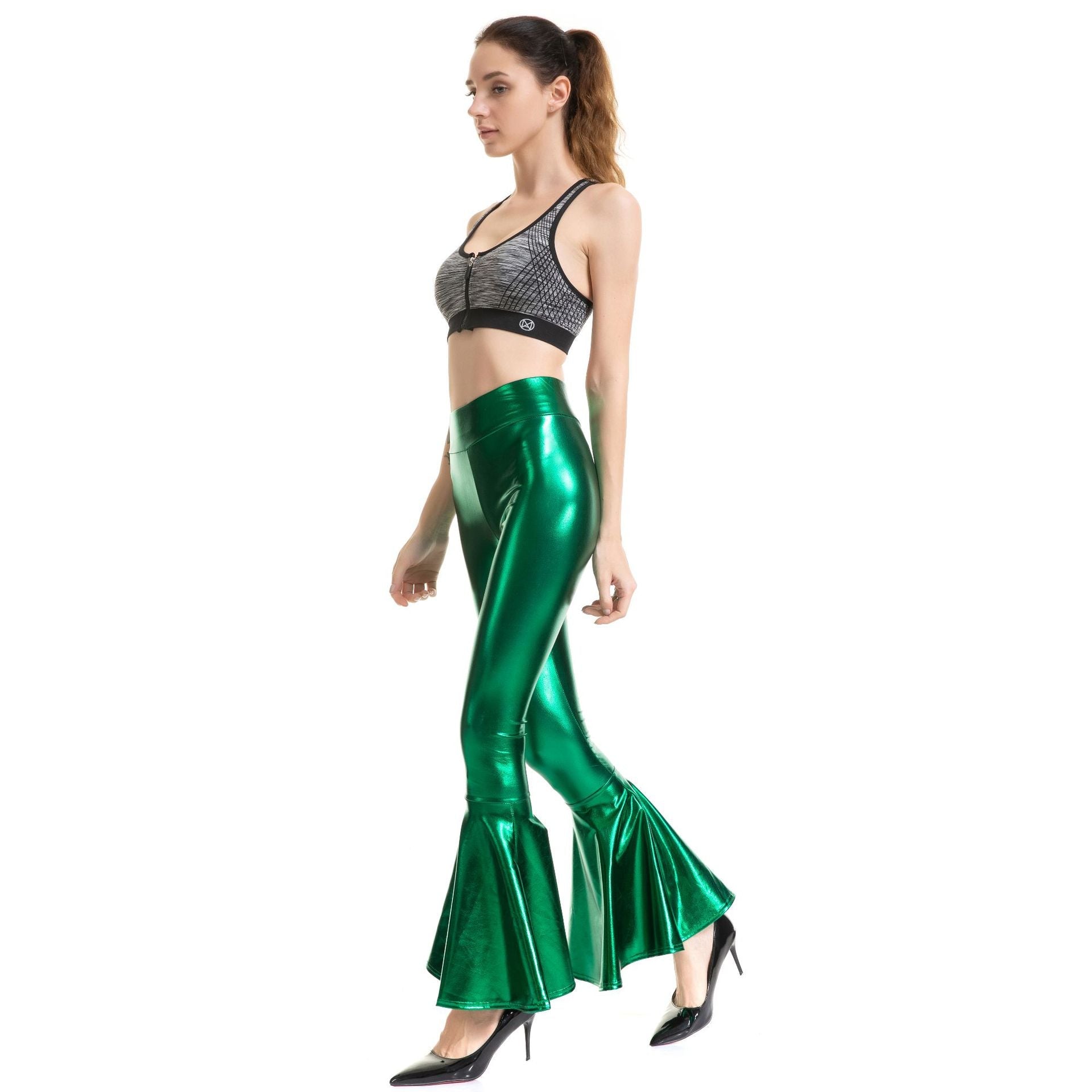 Pantalon Femme à Taille Haute et Élastique, Tissu Métallisé, Effet Dégradé, Coupe Patte d'Éléphant, Vêtement Tendance