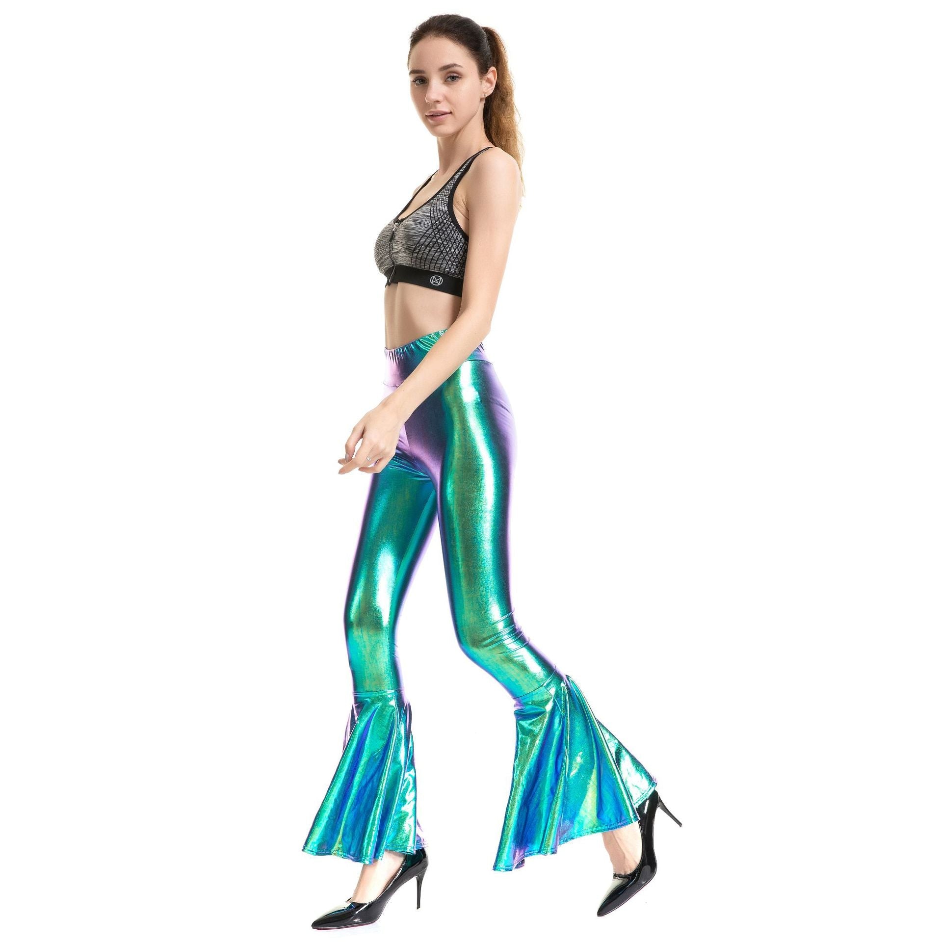 Pantalon Femme à Taille Haute et Élastique, Tissu Métallisé, Effet Dégradé, Coupe Patte d'Éléphant, Vêtement Tendance