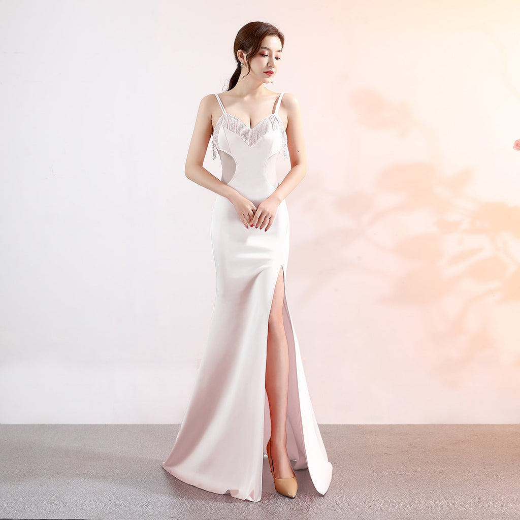 Abendkleid mit tiefem V-Ausschnitt, lang, sexy, schmal geschnitten, mit Schlitz, für Nachtclub-Auftritte und gesellschaftliche Anlässe