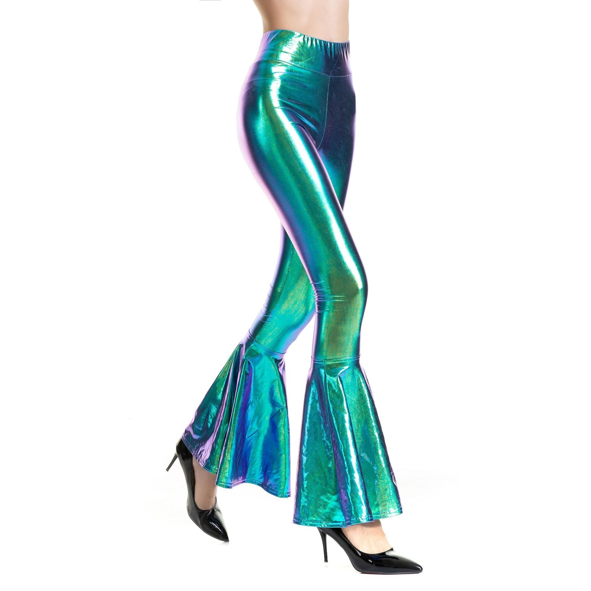 Metallic beschichteter Stoff Damen Kleidung Hohe Taille Mode Elastische Taille Farbverlauf Schlaghose