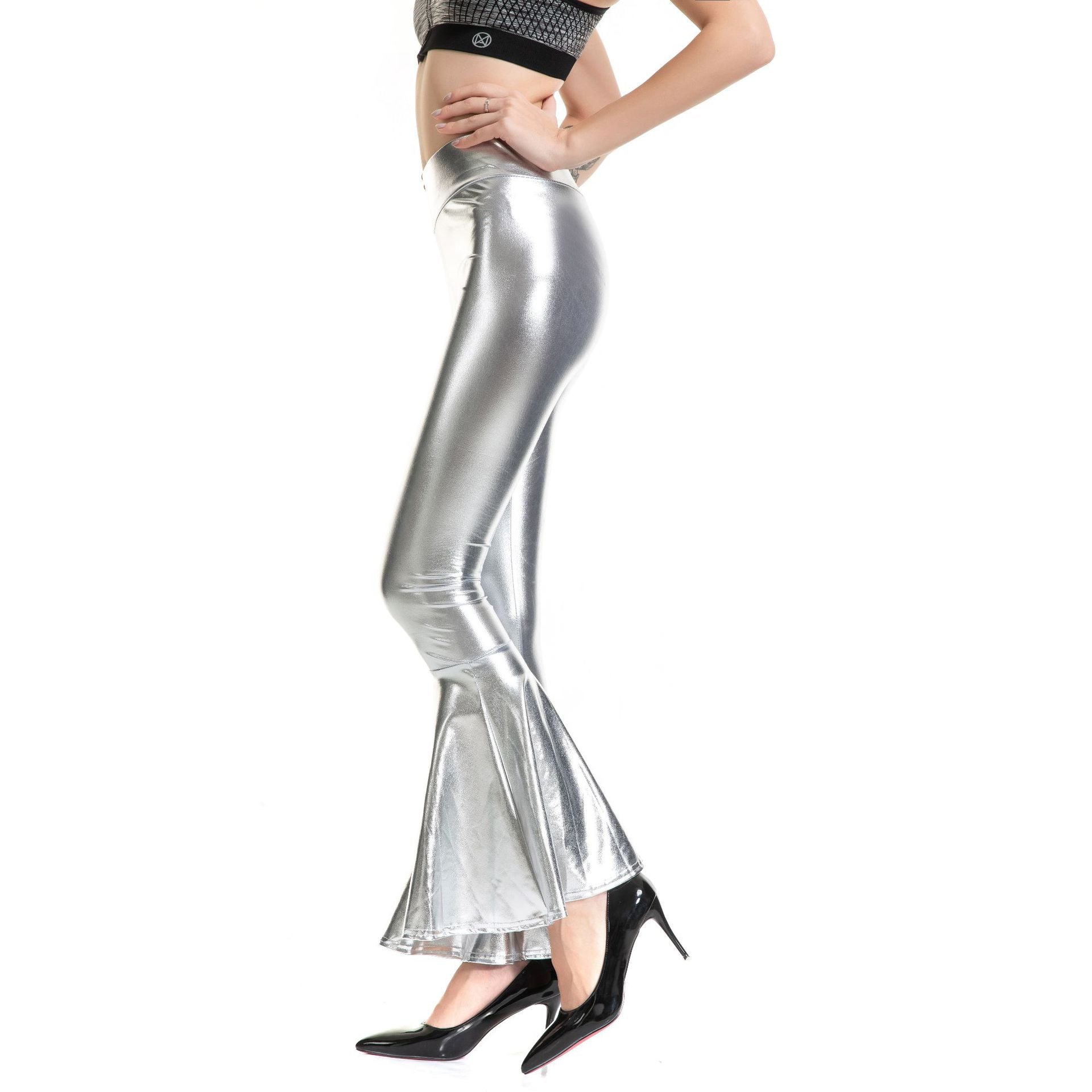 Metallic beschichteter Stoff Damen Kleidung Hohe Taille Mode Elastische Taille Farbverlauf Schlaghose