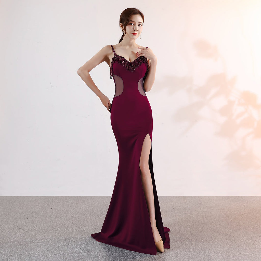 Abendkleid mit tiefem V-Ausschnitt, lang, sexy, schmal geschnitten, mit Schlitz, für Nachtclub-Auftritte und gesellschaftliche Anlässe