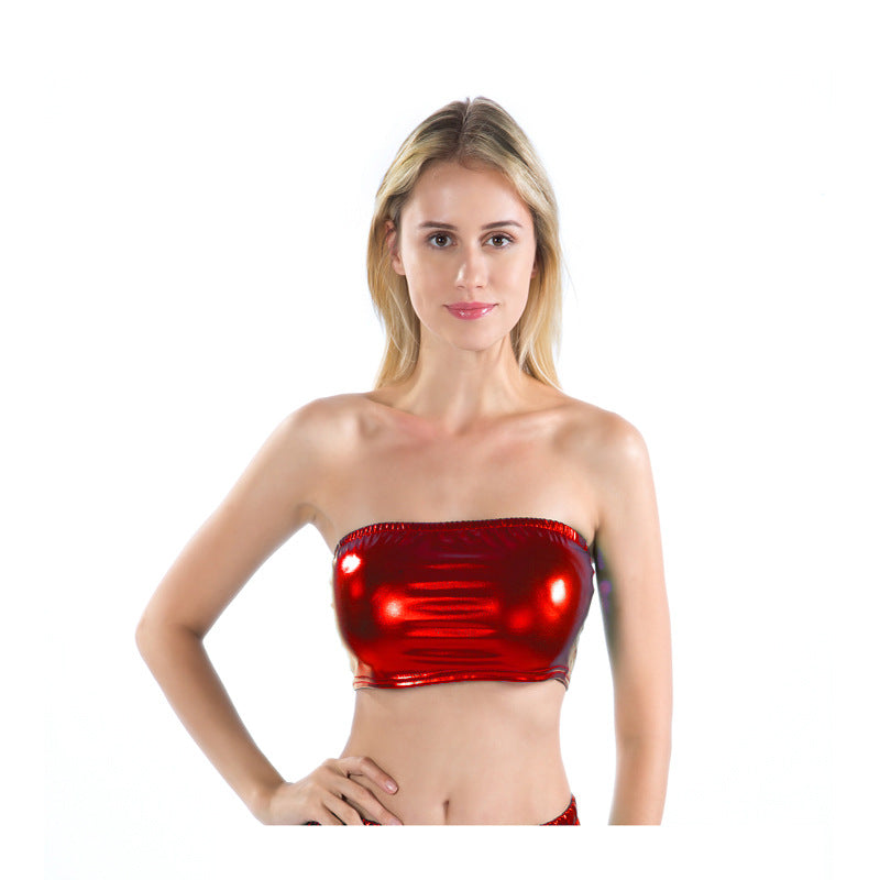 Damenkleidung Nachtclub Bühnenkleidung Brustwickelndes Lackleder Einfarbiges Tube-Top Unterziehshirt Performance-Kleidung