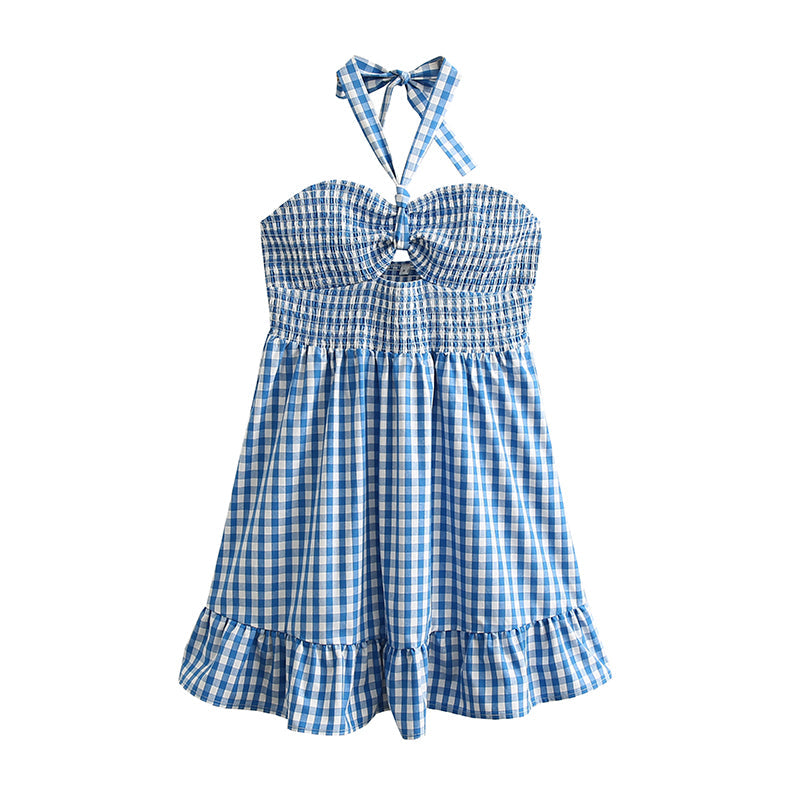 Robe Courte Printemps Écossaise Évidée Découpée Dos Nu à Bretelles et à Volants