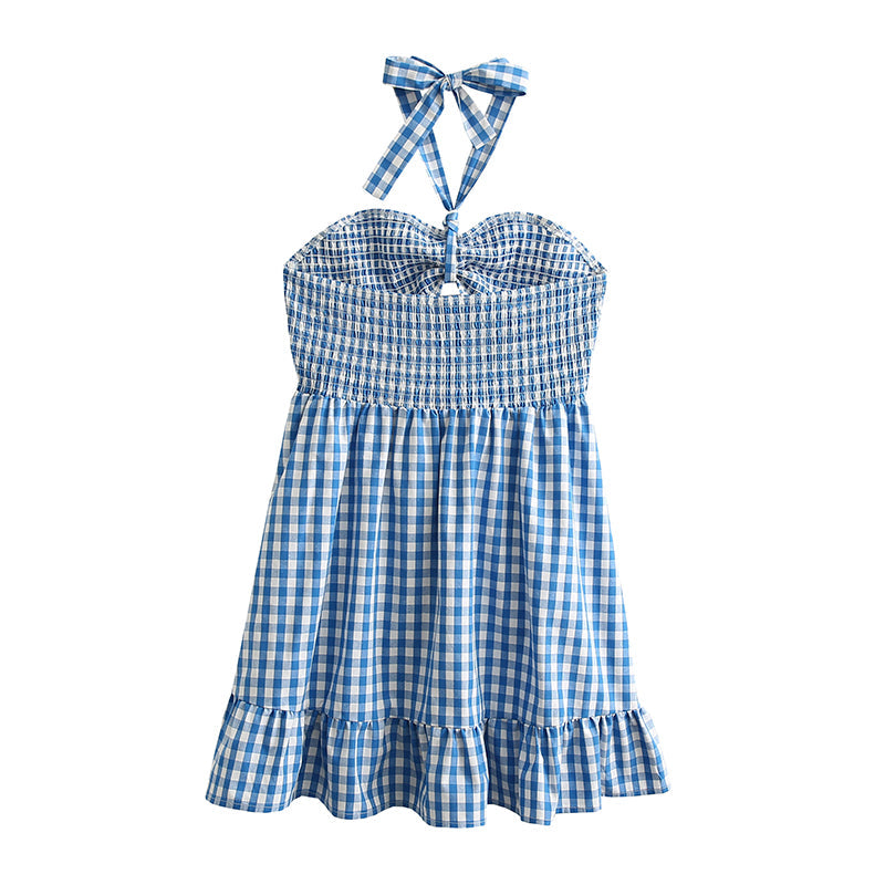 Robe Courte Printemps Écossaise Évidée Découpée Dos Nu à Bretelles et à Volants
