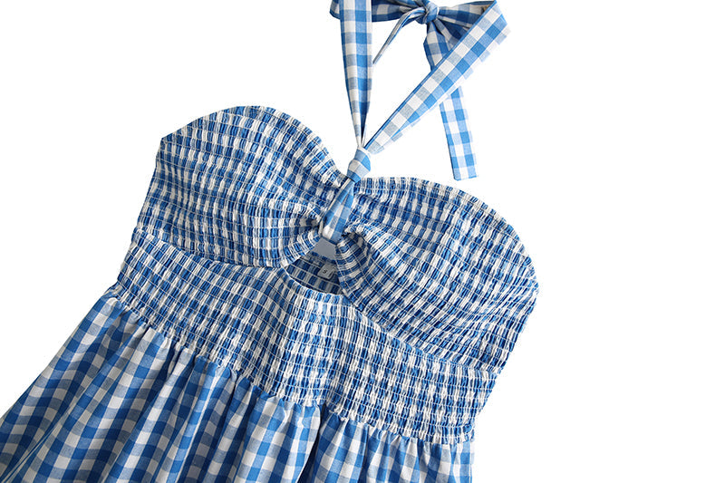 Robe Courte Printemps Écossaise Évidée Découpée Dos Nu à Bretelles et à Volants