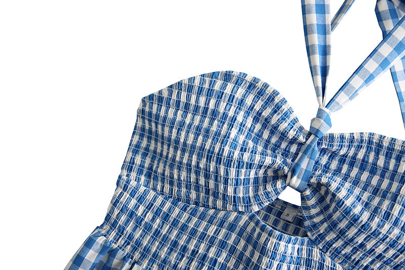 Robe Courte Printemps Écossaise Évidée Découpée Dos Nu à Bretelles et à Volants