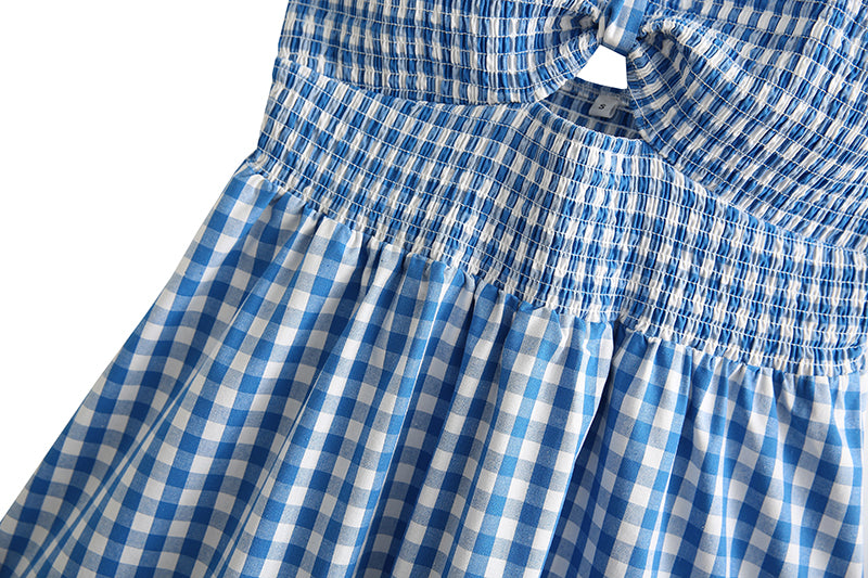 Robe Courte Printemps Écossaise Évidée Découpée Dos Nu à Bretelles et à Volants