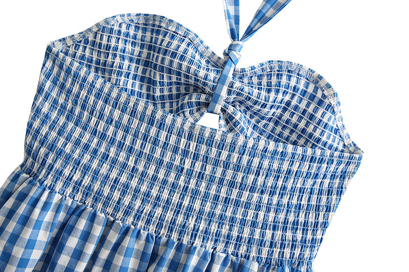 Robe Courte Printemps Écossaise Évidée Découpée Dos Nu à Bretelles et à Volants