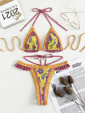 Neckholder-Badeanzug Gelb Gebänderter Bikini Bijini Dreieck-Badeanzug