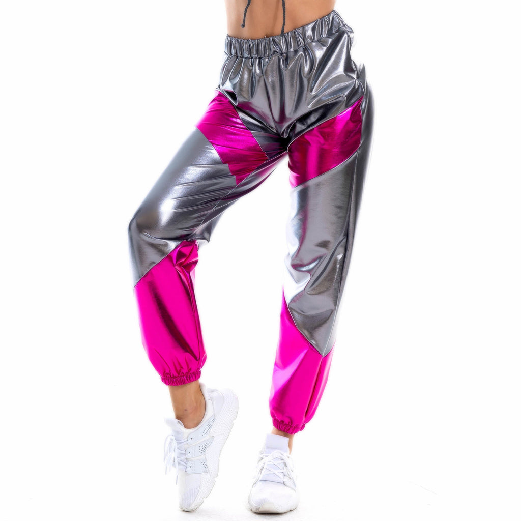 Kontrastfarben-Hose für Damen, Bronzing-Lackleder, bunte Laser-Tasche, lockere Damenhose