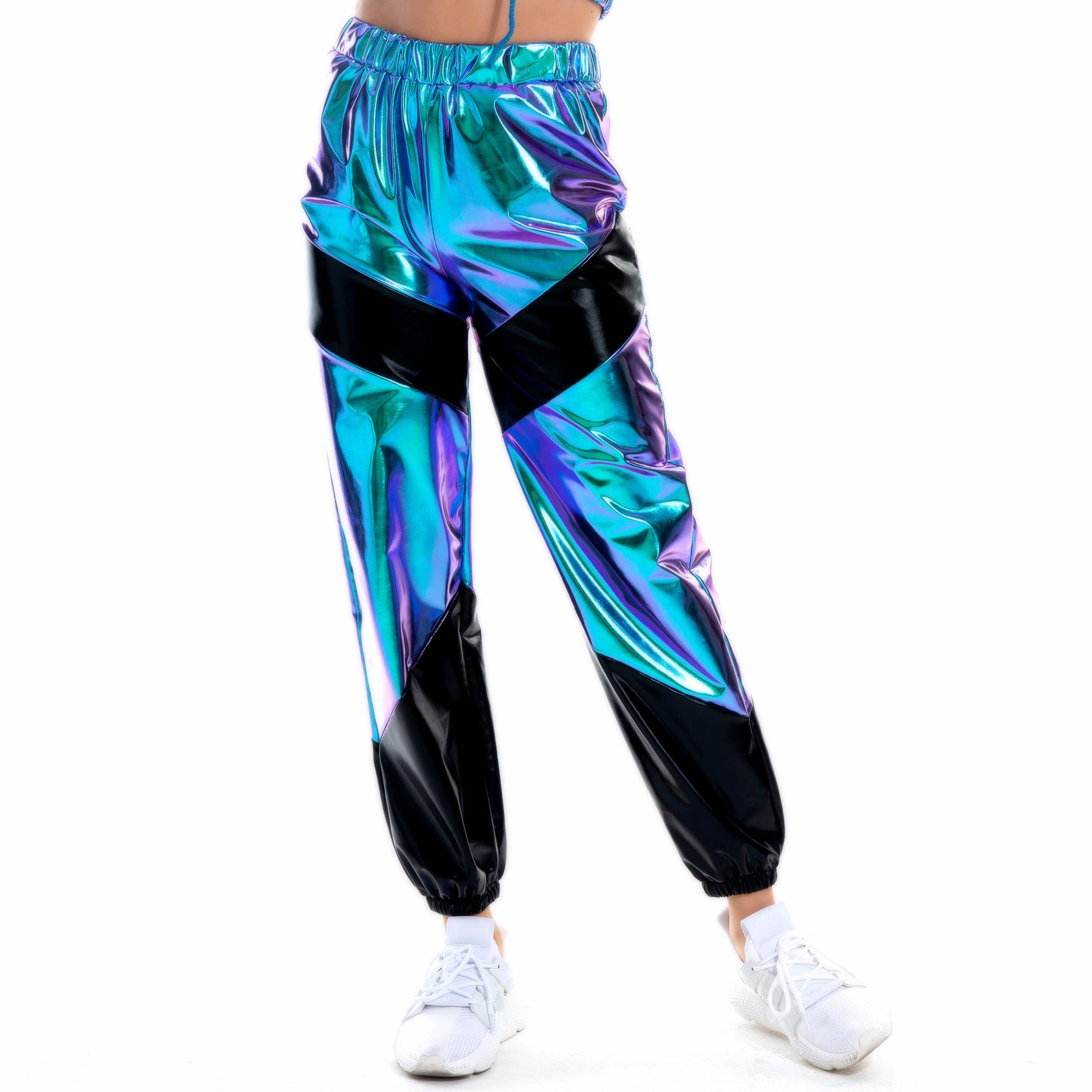 Kontrastfarben-Hose für Damen, Bronzing-Lackleder, bunte Laser-Tasche, lockere Damenhose