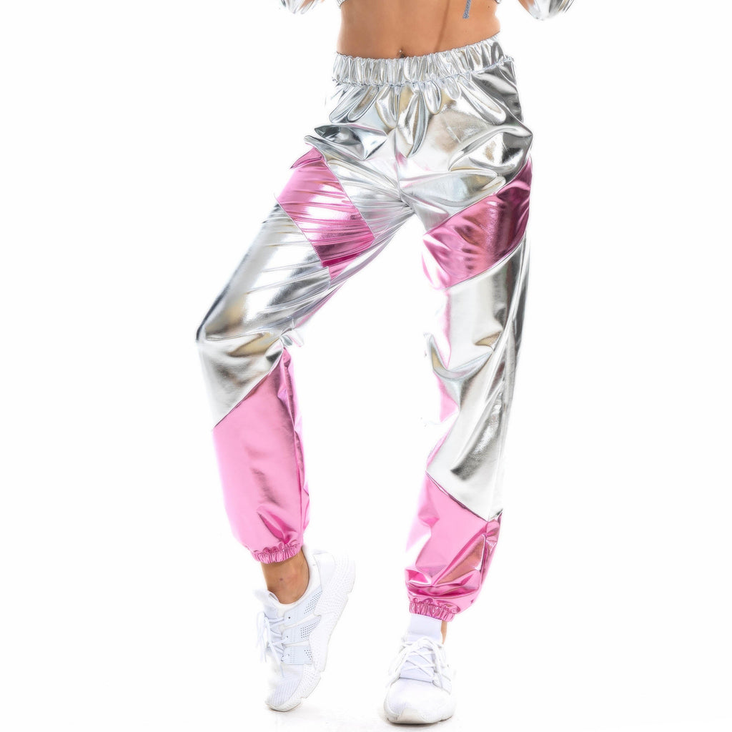 Kontrastfarben-Hose für Damen, Bronzing-Lackleder, bunte Laser-Tasche, lockere Damenhose