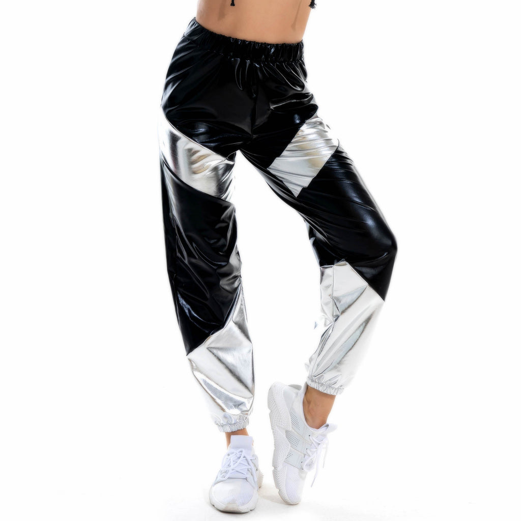 Kontrastfarben-Hose für Damen, Bronzing-Lackleder, bunte Laser-Tasche, lockere Damenhose